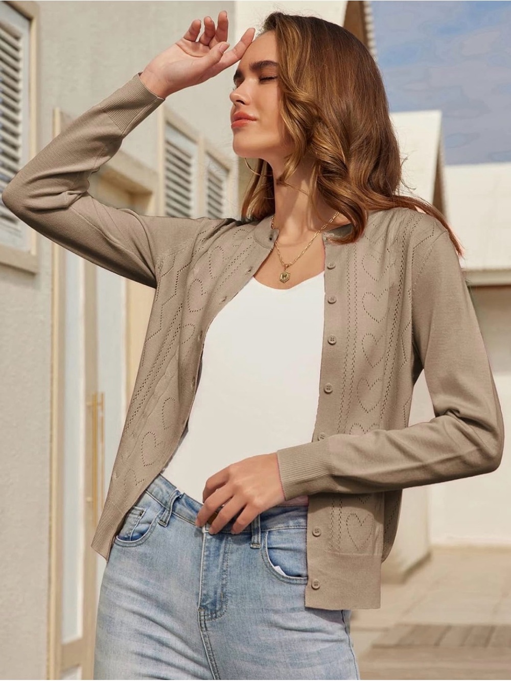 Grace Karin Beige Heart Pointelle Button-Front Cardigan